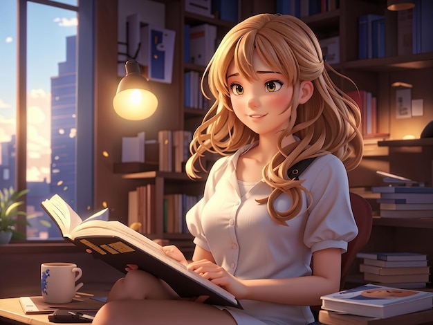 写真 3dアニメの女の子が図書館で本を読んでいて背景に本がある