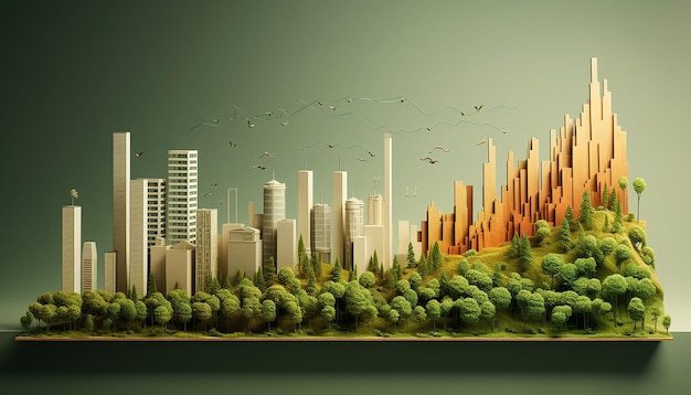 Фото 3d-постер в инфографическом стиле, показывающий столбиковый график, сделанный из деревьев различной высоты