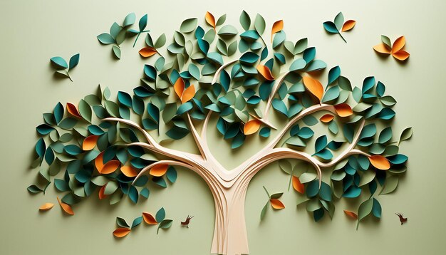 Фото 3d-минималистский плакат дерева с листьями, переходящими от увядших к здоровым