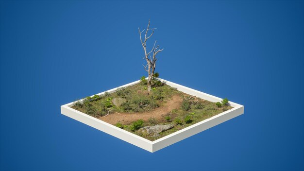 写真 青い背景を持つ木の 3 d モデルミニ ガーデン ツンドラ バイオームとパス等角投影の 3d レンダリング p