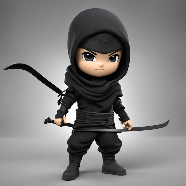 Фото 3d-мультяшный игровой персонаж ниндзя, мальчик, одетый в черную ткань с прозрачным белым фоном