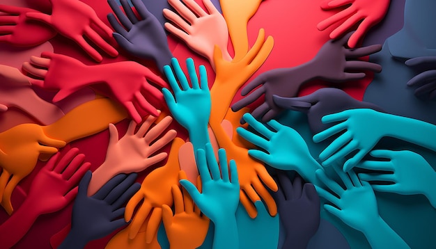 사진 3d 포스터는 다양한 색조의 추상적인 인간 인물들이 연합을 상징하는 손을 잡고있는 것을 보여줍니다.