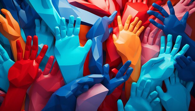 Фото 3d-постер, изображающий абстрактные человеческие фигуры различных оттенков, соединяющие руки, символизирующие единство и