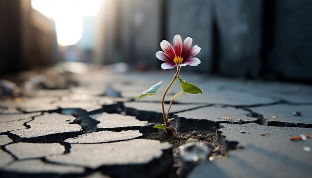 写真 歩道の裂け目を通って成長する単一の現実的な花の3dポスター