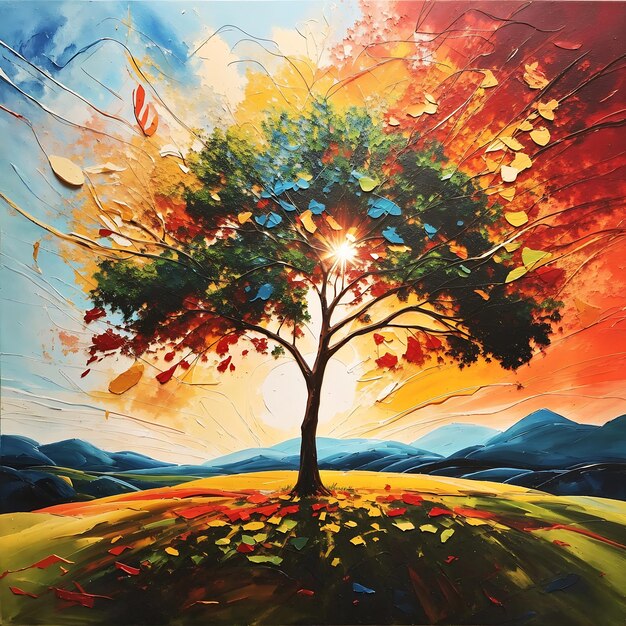 写真 太陽に照らされた草原の3dの虹の活気のある抽象的な絵画で,中央に1本の木があるai遺伝子