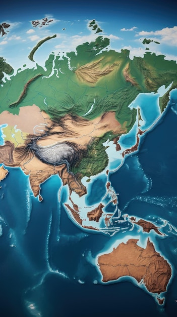 사진 제너레이티브 ai로 생성된 푸른 바다 배경의 아시아 태평양 지역의 3d 사실적 지도
