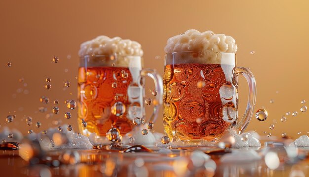 写真 2つのビールグラスが泡と泡で空中に表示される3dレンダリング