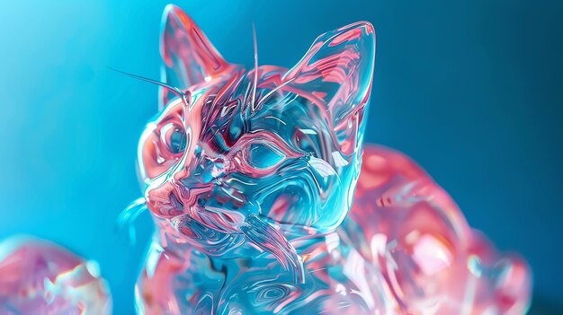 写真 ガラスや水晶で作られた猫の3dレンダリング 猫は座ってフレームの左を見ています