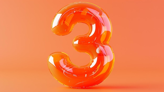 Фото 3d-рендеринг блестящего оранжевого числа три на соответствующем оранжевом фоне