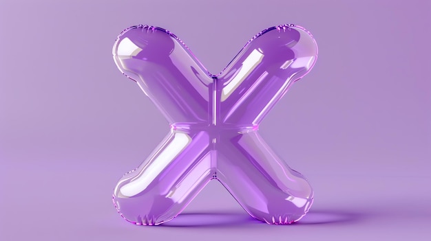 Фото 3d-рендеринг фиолетового воздушного шара в форме буквы x балон на фиолетовом фоне и имеет глянцевую отражающую поверхность