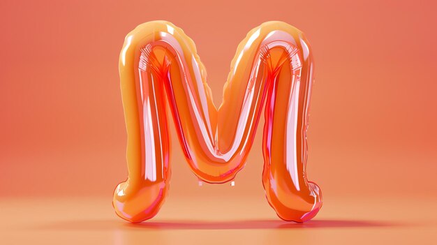 Фото 3d-рендеринг блестящего оранжевого воздушного шара в форме буквы m. баллон на твердом оранжевом фоне