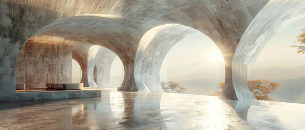 사진 콘크리트 바닥을 가진 추상적인 미래주의 건축물의 3d 렌더링
