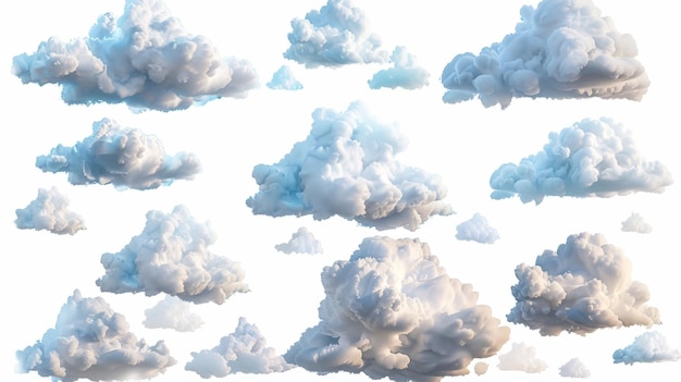 Фото 3d-рендеринг абстрактного набора кумулусных облаков, изолированных на белом фоне с элементами дизайна