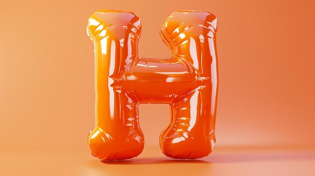 Фото 3d-рендеринг надутого оранжевого воздушного шара в форме буквы h. баллон на оранжевом фоне и имеет блестящую отражающую поверхность