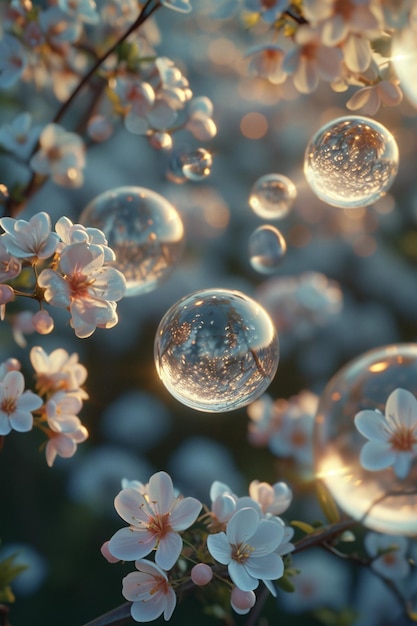 写真 春の花の中に浮かぶ3dシーン マルティソールにインスパイアされた浮かぶ球