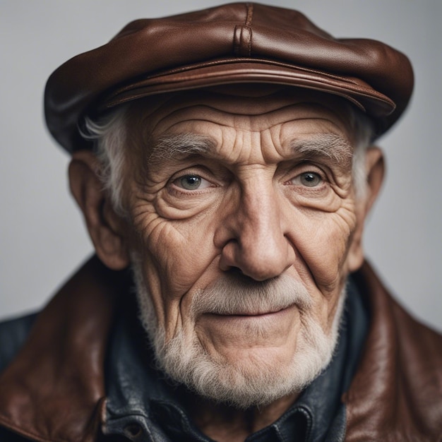写真 革鉱夫の帽子にしわのある90歳のルーマニアの老人の肖像画、白い背景