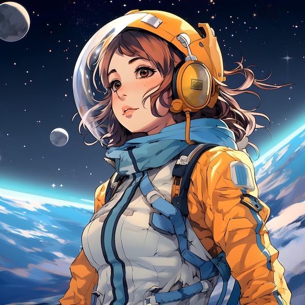 写真 背景に惑星がある宇宙服を着たアニメの女の子