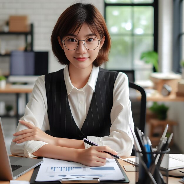 写真 オフィスで働くアジア人女の子