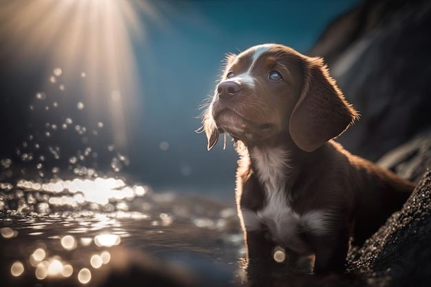 사진 ai 기술로 만든 태양이 비치는 물속에 있는 아기 강아지