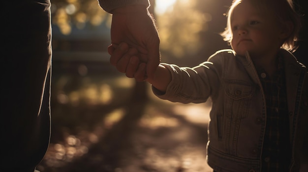 写真 太陽の光が当たって手を握る赤ちゃん