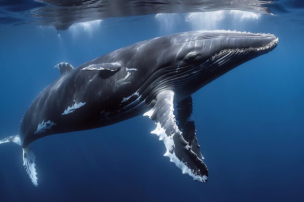 写真 幼い ハンプバッククジラ が 青い 水 の 表面 の 近く で 遊ん で いる