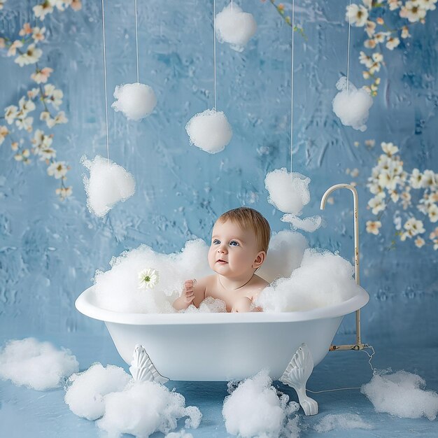 사진 a baby in a bathtub with clouds floating in the background