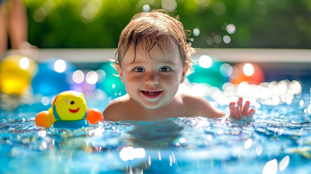 写真 水中の黄色いアヒルとプールにいる赤ちゃん