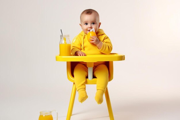 Фото Ребёнок в желтом наряде ест желтый сок из желтого подноса