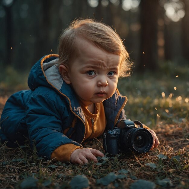 Фото Ребенок лежит на земле с камерой