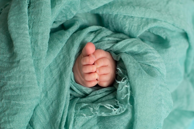 Фото Ручка младенца завернута в зеленое одеяло.