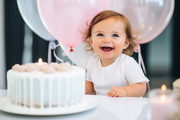 写真 赤ちゃんが誕生日のろうそくをつけたケーキの前に座っている