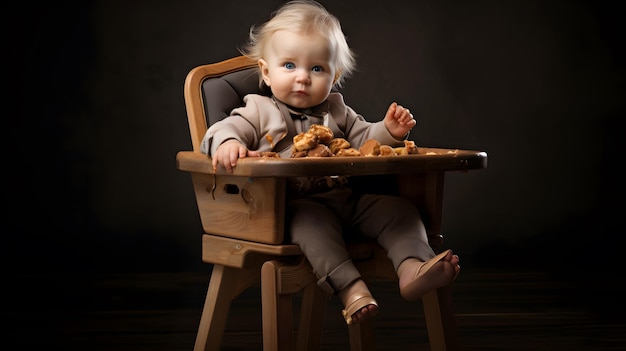 写真 ハイチェアに座っている赤ちゃんが食べ物を食べている