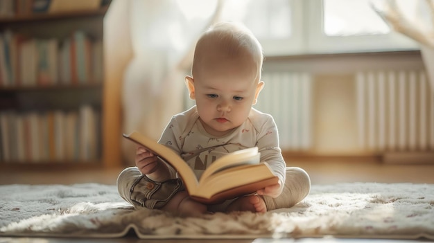 사진 바닥에 앉아서 책을 읽는 아기