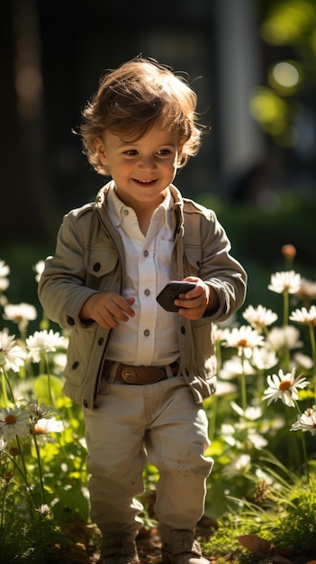 写真 木々や花に囲まれた公園で最初の一歩を踏み出す赤ちゃん 生成 ai で作成