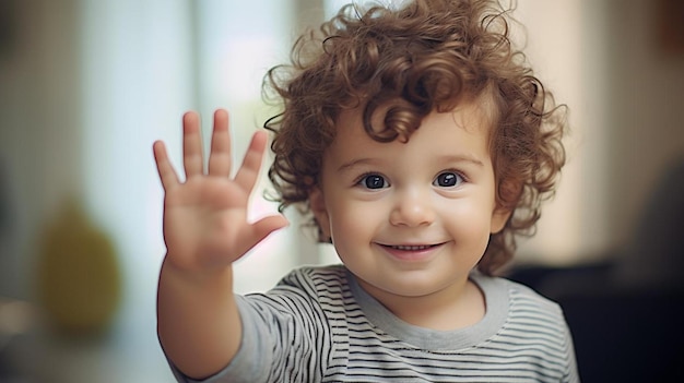 写真 風に振られる巻き毛の赤ちゃん