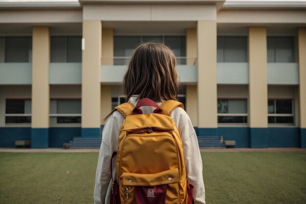 Фото Задний вид мальчика-девочки в школьной сумке в переднем школьном здании