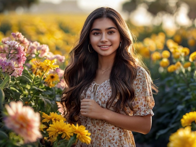 写真 花畑の背景の女の子