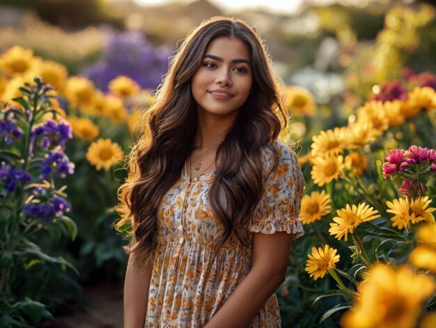 写真 花畑の背景の女の子