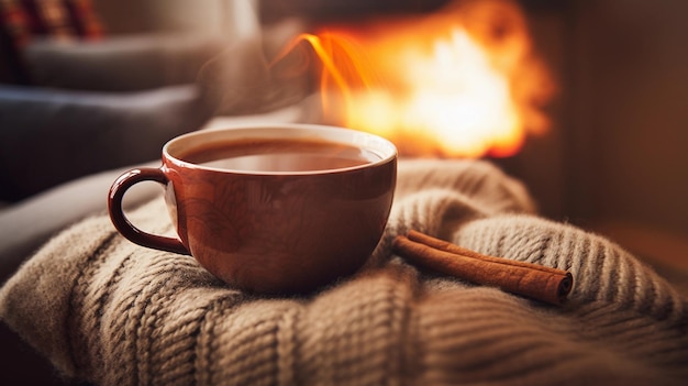 写真 コーヒーカップと暖炉の背景