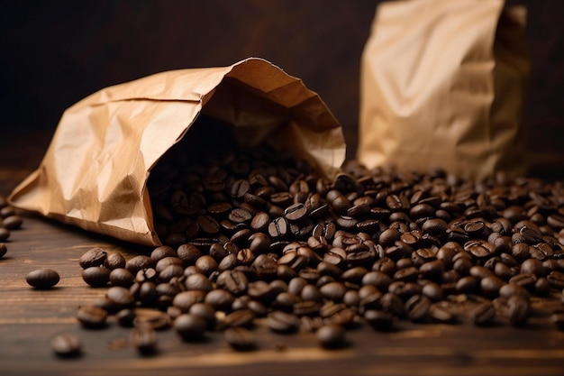 写真 コーヒー豆とコーヒー豆のバッグ