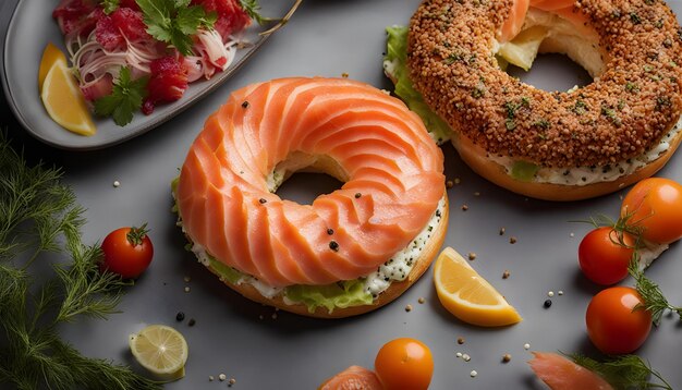 写真 テーブルの上に新鮮な果物と野菜が入ったベーグル