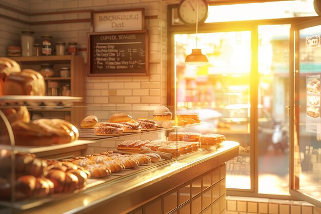 写真 ケーキやペーストリで満たされたカウンターを持つパン屋