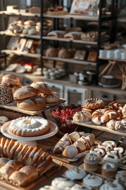 Фото Пекарня с разнообразными выпечками и хлебом сцена привлекательна и вкусная