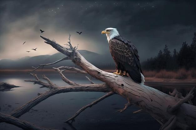 Фото Белоголовый орлан взгромоздился на мертвое дерево у реки