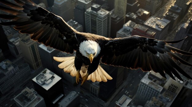 写真 頭の鷹が街の建物の上を飛ぶ