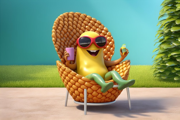 写真 バナナはサングラスと飲み物を持って椅子に座っています。
