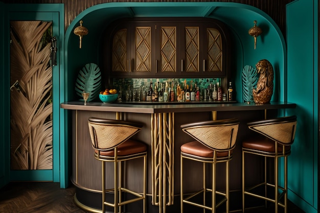 Фото Бар с зеленой стеной и деревянный бар с золотыми барными стульями.