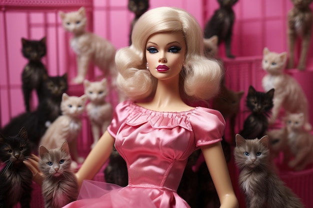 Фото Кукла барби в розовом платье и кот на заднем плане