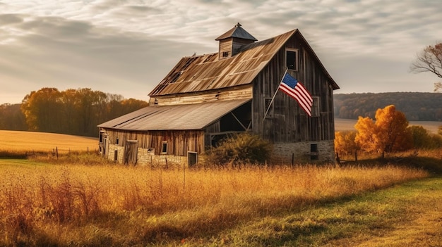 写真 前景にアメリカの国旗が掲げられた納屋