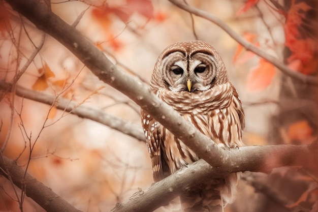 写真 マフクロウが赤い葉を背景に木に座っています。